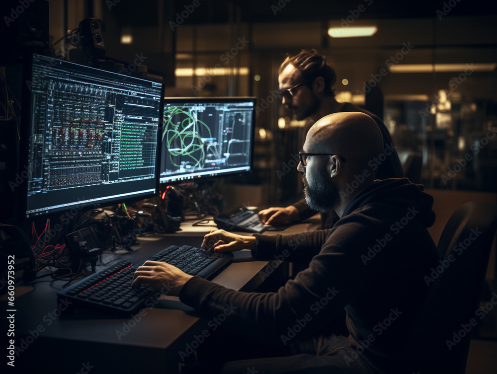 Intense Collaborative Effort: Two Software Engineers Debugging Complex Code on their Workstations, Profoundly Focused in a Dynamic Workspace