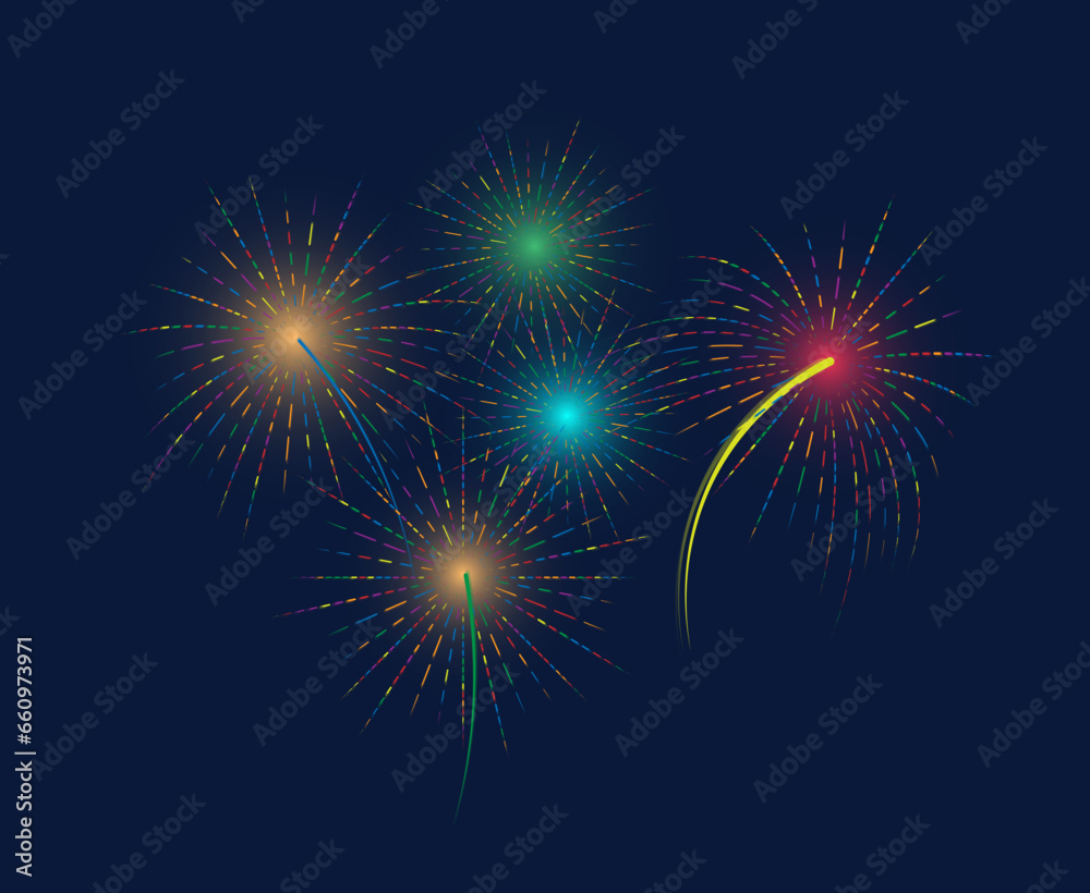 Exploding festive fireworks. Multicolored fireworks on a blue background. Colorful flat vector illustration