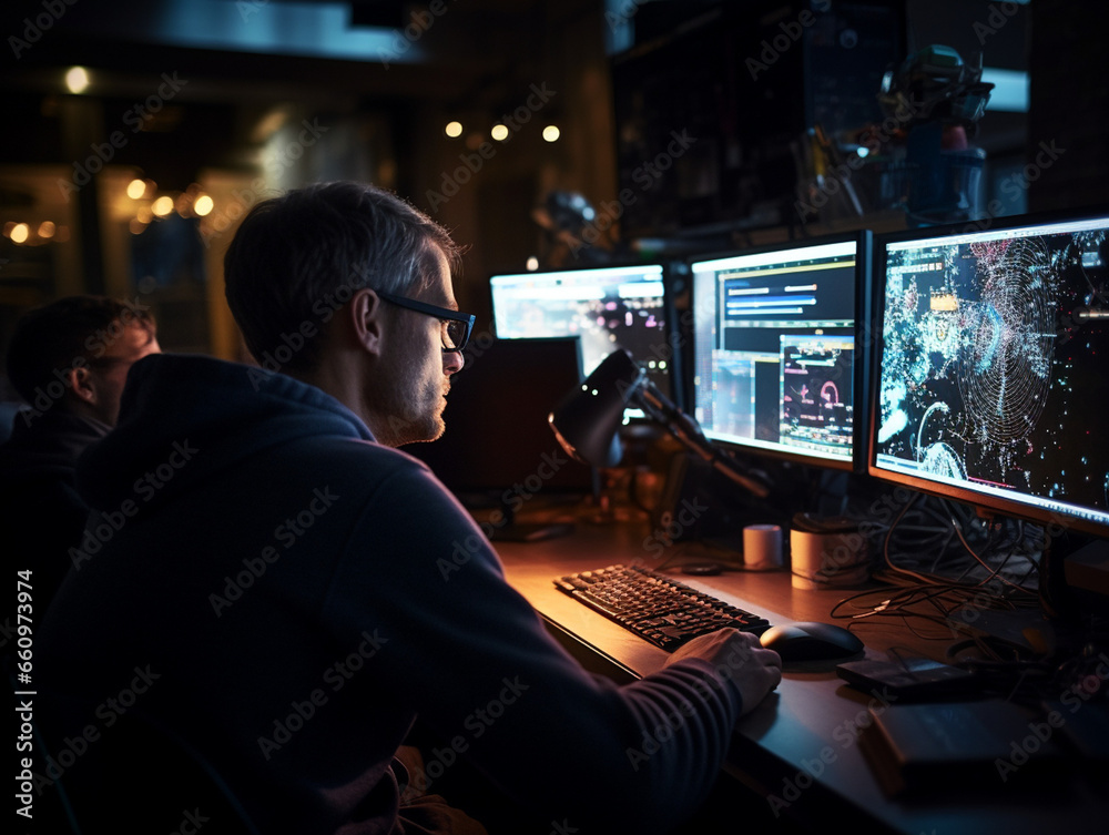 Intense Collaborative Effort: Two Software Engineers Debugging Complex Code on their Workstations, Profoundly Focused in a Dynamic Workspace Intense Collaborative Effort: Two Software Engineers Debugging Complex Code on their Workstations, Profoundly Focused in a Dynamic Workspace