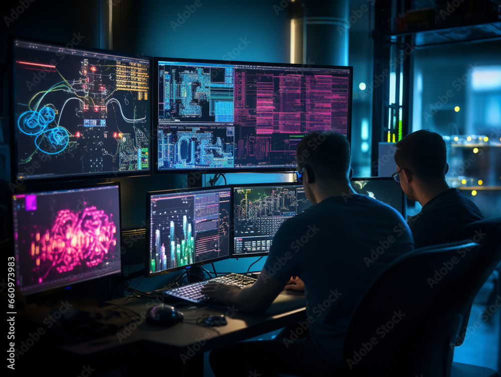 Intense Collaborative Effort: Two Software Engineers Debugging Complex Code on their Workstations, Profoundly Focused in a Dynamic Workspace Intense Collaborative Effort: Two Software Engineers Debugging Complex Code on their Workstations, Profoundly Focused in a Dynamic Workspace