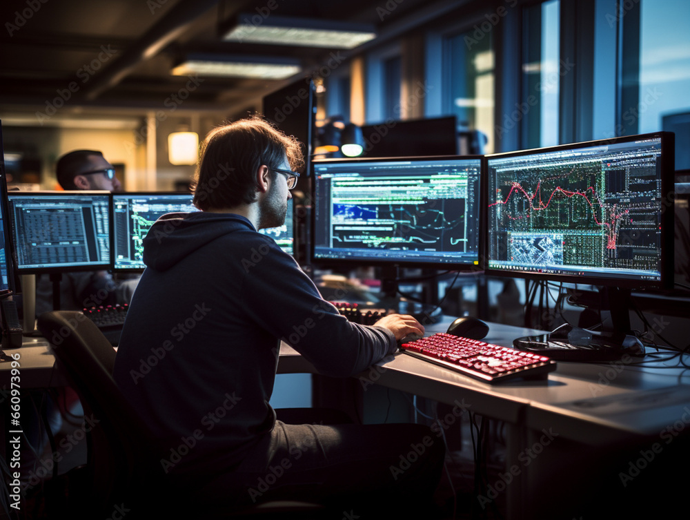 Intense Collaborative Effort: Two Software Engineers Debugging Complex Code on their Workstations, Profoundly Focused in a Dynamic Workspace Intense Collaborative Effort: Two Software Engineers Debugging Complex Code on their Workstations, Profoundly Focused in a Dynamic Workspace