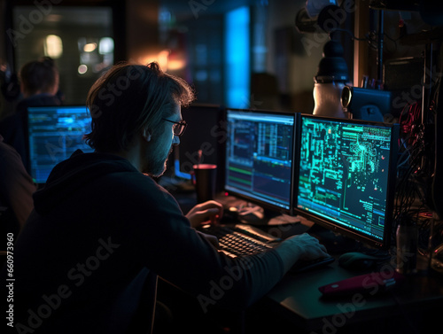 Intense Collaborative Effort: Two Software Engineers Debugging Complex Code on their Workstations, Profoundly Focused in a Dynamic Workspace