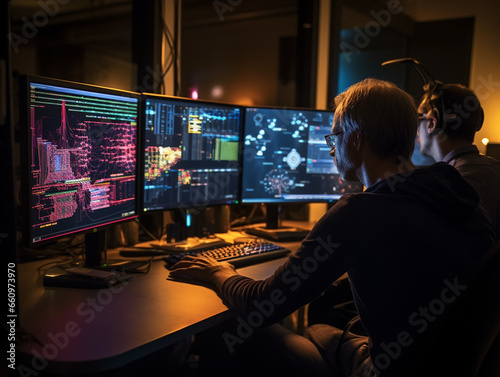 Intense Collaborative Effort: Two Software Engineers Debugging Complex Code on their Workstations, Profoundly Focused in a Dynamic Workspace