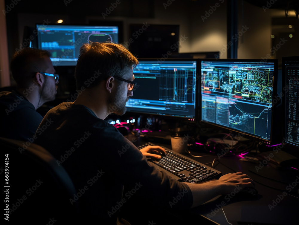 Intense Collaborative Effort: Two Software Engineers Debugging Complex Code on their Workstations, Profoundly Focused in a Dynamic Workspace