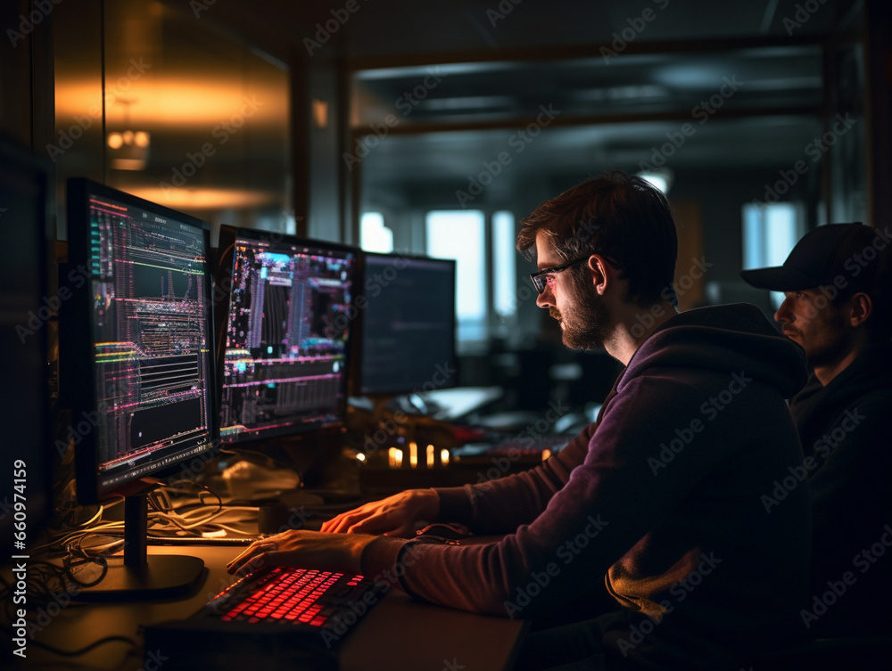 Intense Collaborative Effort: Two Software Engineers Debugging Complex Code on their Workstations, Profoundly Focused in a Dynamic Workspace Intense Collaborative Effort: Two Software Engineers Debugging Complex Code on their Workstations, Profoundly Focused in a Dynamic Workspace