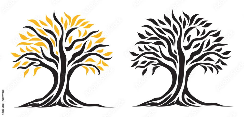 Obraz premium Abstract vibrant tree logo design, root vector, Tree logo, tree of life icon on white background, wall decor, wall art