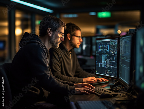 Intense Collaborative Effort: Two Software Engineers Debugging Complex Code on their Workstations, Profoundly Focused in a Dynamic Workspace