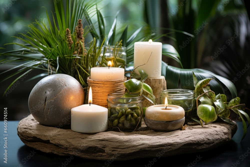 Minimalist spa arrangement featuring candles and stones on a light grey background, evoking tranquility, Generative AI Minimalist spa arrangement featuring candles and stones on a light grey background, evoking tranquility, Generative AI