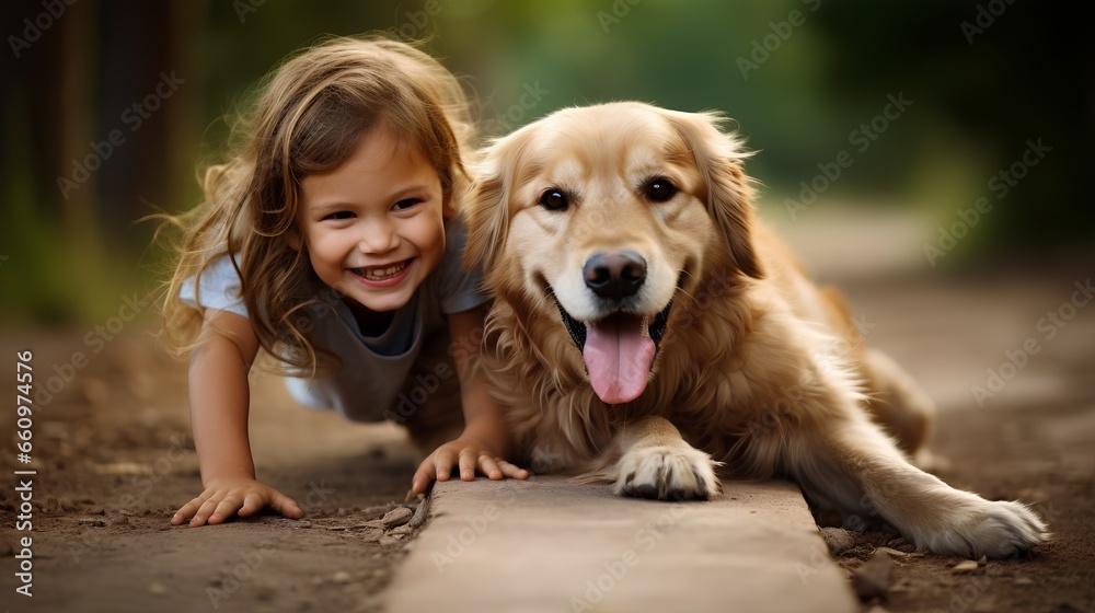 Young child bonding with pet dog. Kids joy and dogs loyalty for happy childhood and true friendship between a pet and its owner. Activities with golden retriever as true loyal family dog.