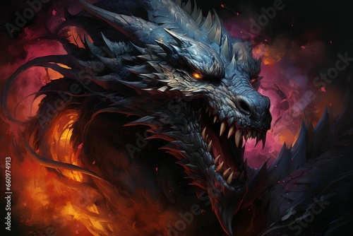 AI generated illustration of a fearsome dragon with glowing red eyes and fire emitting from its body