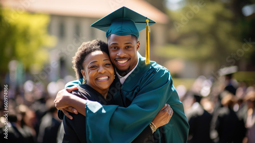 Happy smiling graduate hugs his parent after the graduation ceremony. photo