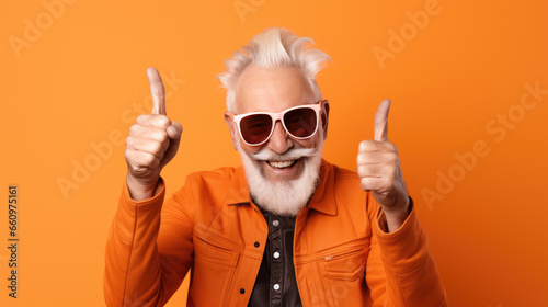 Senior man wearing colorful clothes clothes and glasses pointing with hand and finger to the side. photo