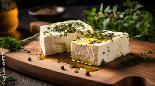 Feta cheese with olive oil in bowl and rosemary leaves on wooden background.