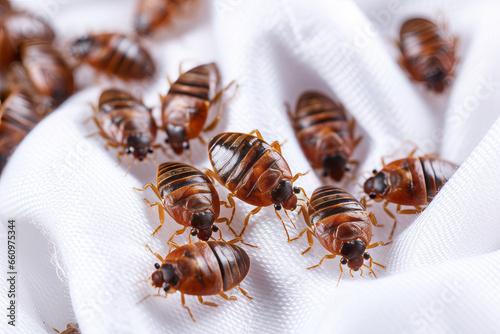 An infestation of bed bugs on white fabric