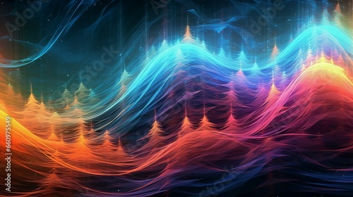 Abstract 3d rendering of colorful waves in dark space. Abstract background with bright waves on a black background. Bright colorful soundwave pattern. Multicolored art of wavy patterns.. © Valua Vitaly