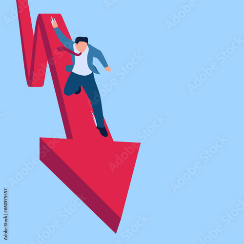 a slipping person standing on a graph arrow pointing downwards, a metaphor for falling business profits