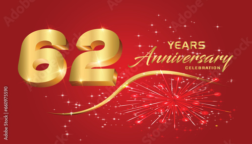 Celebrate the 62th anniversary with gold 3D letters, gold ribbons on a red background. photo