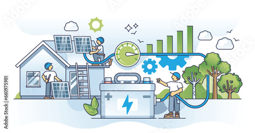 Solar battery storage with rechargeable home accumulators outline concept. Electricity power charging with sustainable and renewable sources vector illustration. Green and sustainable energy usage.