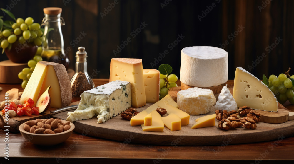 Set of different cheeses on wooden desk.
