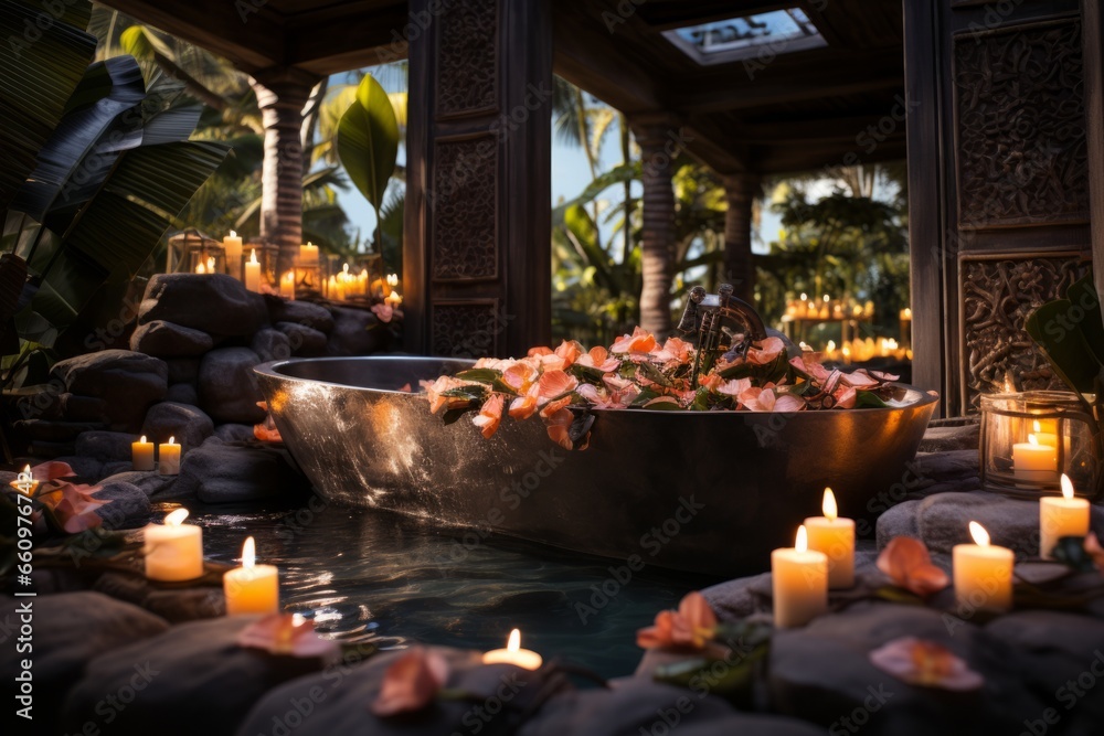 Tropical spa oasis, with candles and stones, set against a natural flower backdrop, creating a harmonious and serene atmosphere, Generative AI