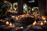 Tropical spa oasis, with candles and stones, set against a natural flower backdrop, creating a harmonious and serene atmosphere, Generative AI