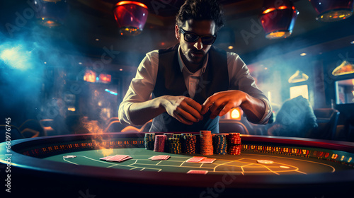 Casino concept, banner game design, holds playing cards, Website header, Poker chips, jackpot winner, holding money, leisure concept, template for advertising