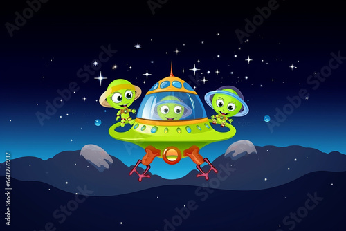 Funny Aliens cartoon art in spaceship. AI generative