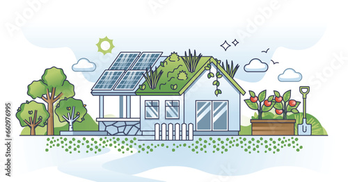 Sustainable housing and home with green and lush solar roof outline concept. Alternative electricity with nature friendly power from sun energy vector illustration. Bio house with local food garden.