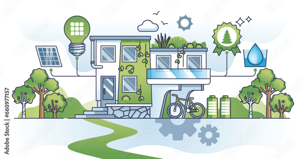 Low energy consumption initiatives to save nature resources outline concept. Green, sustainable and environmental approach to save water or electricity with smart usage or storage vector illustration Low energy consumption initiatives to save nature resources outline concept. Green, sustainable and environmental approach to save water or electricity with smart usage or storage vector illustration