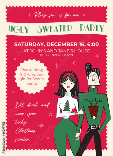 Ugly sweater party invitation. Retro Christmas party poster. 60s - 70s style couple in sweaters characters. 