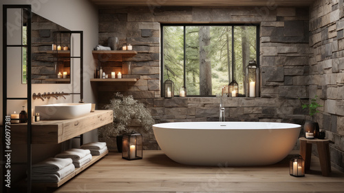 Interior of luxurious home bathroom with bathtub.