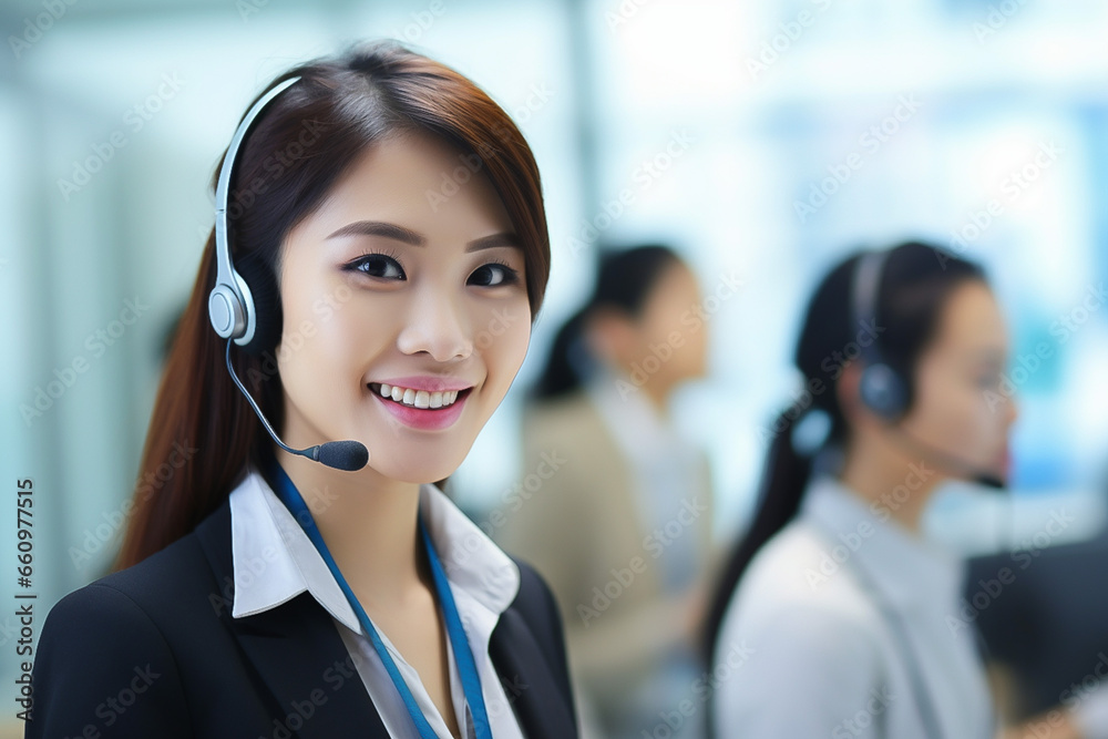 young woman working as a call center operator, wearing headphones with smile and good service young woman working as a call center operator, wearing headphones with smile and good service