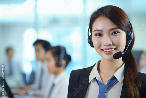 young woman working as a call center operator, wearing headphones with smile and good service