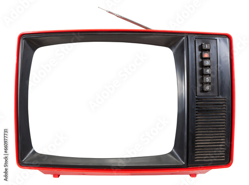 Front panel of red vintage portable CRT television set made in USSR with cut out screen isolated on white background. Retro technology concept