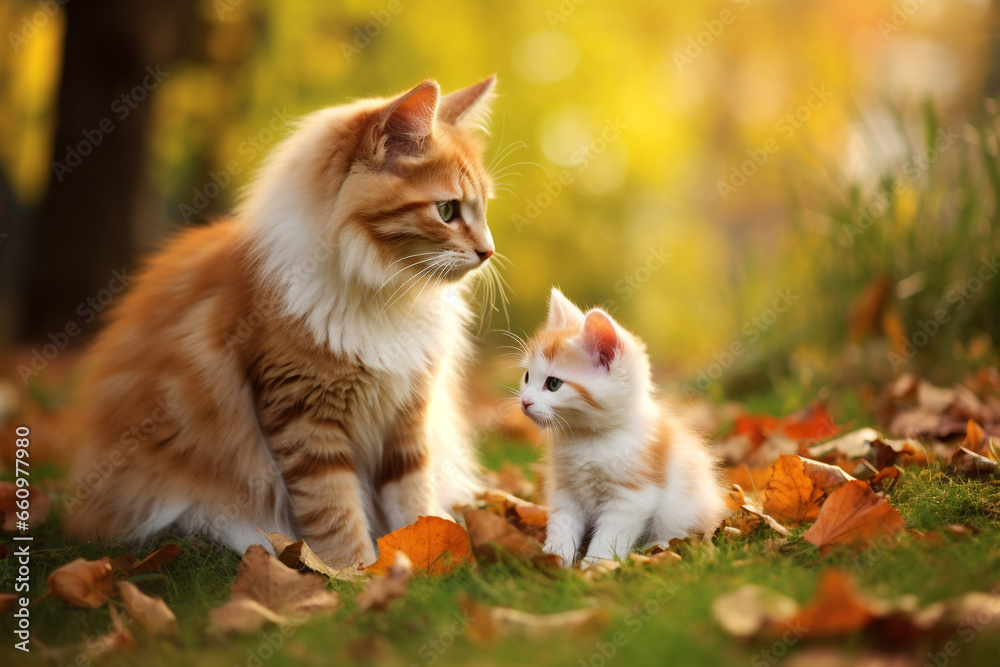 Cat and kitten walking together in nature in the autumn forest