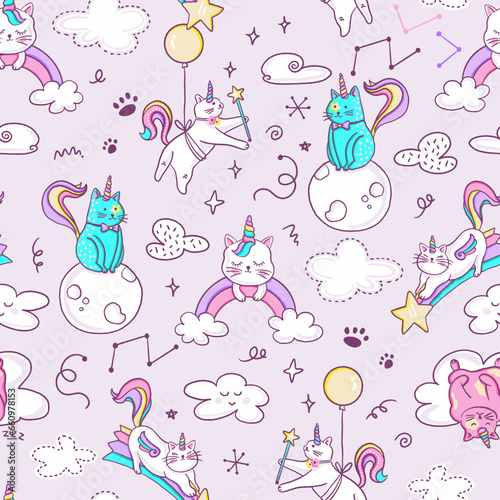 Cute Unicorn Cats in Sky Vector Seamless Pattern