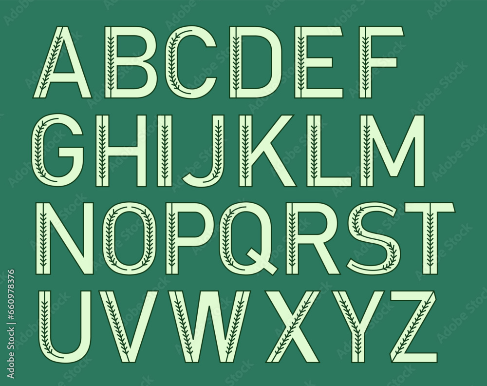 Unique alphabet with green new year tree branches in simple geometric style.