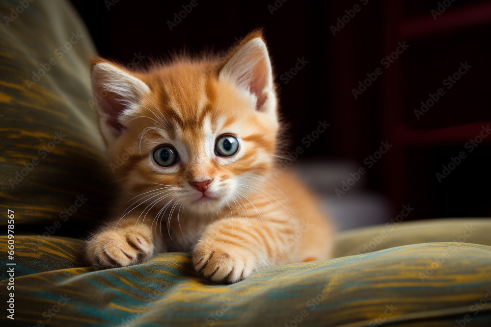 portrait of a cute fluffy kitten looking at the camera in a cozy home atmosphere 