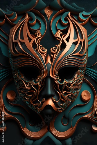 terracotta and black marble texture mask relief sculpture dark turquoise background fractals symmetry sharp photography volumetric lighting intricate details 
