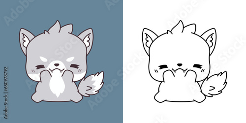 Cute IsolatedWolf Illustration and For Coloring Page. Cartoon Clip Art Animal. photo