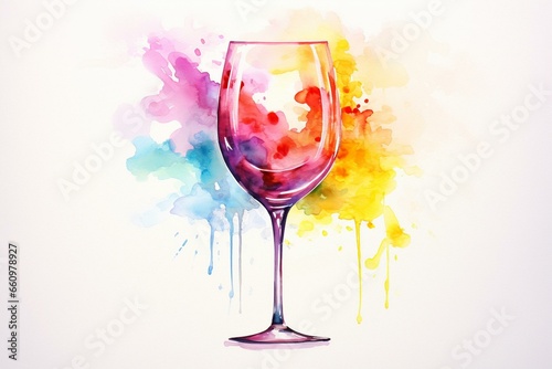 Colorful watercolor painting of wine glass with lively texture and blank space for copy. Generative AI