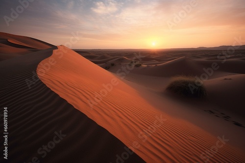 Curving sand dunes create a dreamlike desert scenery at twilight. Generative AI