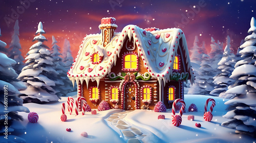 christmas, winter, snow, house, tree, landscape, night, holiday, xmas, card, village, illustration, 