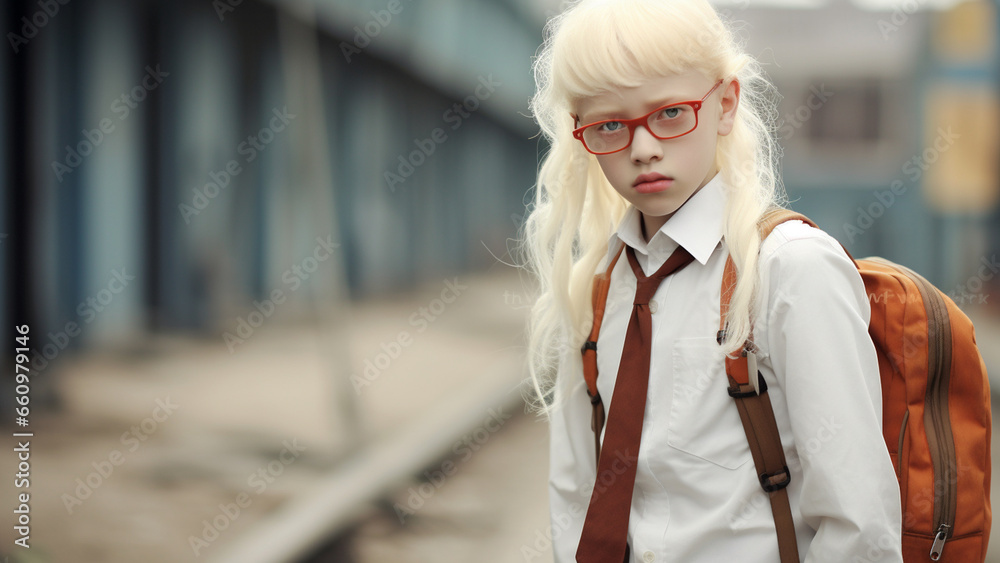 Albino elementary school student wearing school uniform to school Albino elementary school student wearing school uniform to school