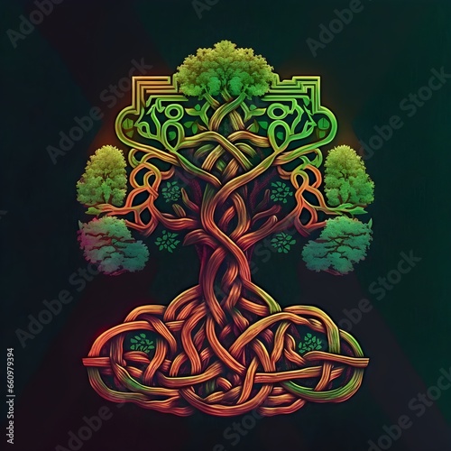 tree of life with Celtic knot roots vivid vibrant neon colors 3d octane render dazzling brilliance hyperdetailed iridescent metallic  photo