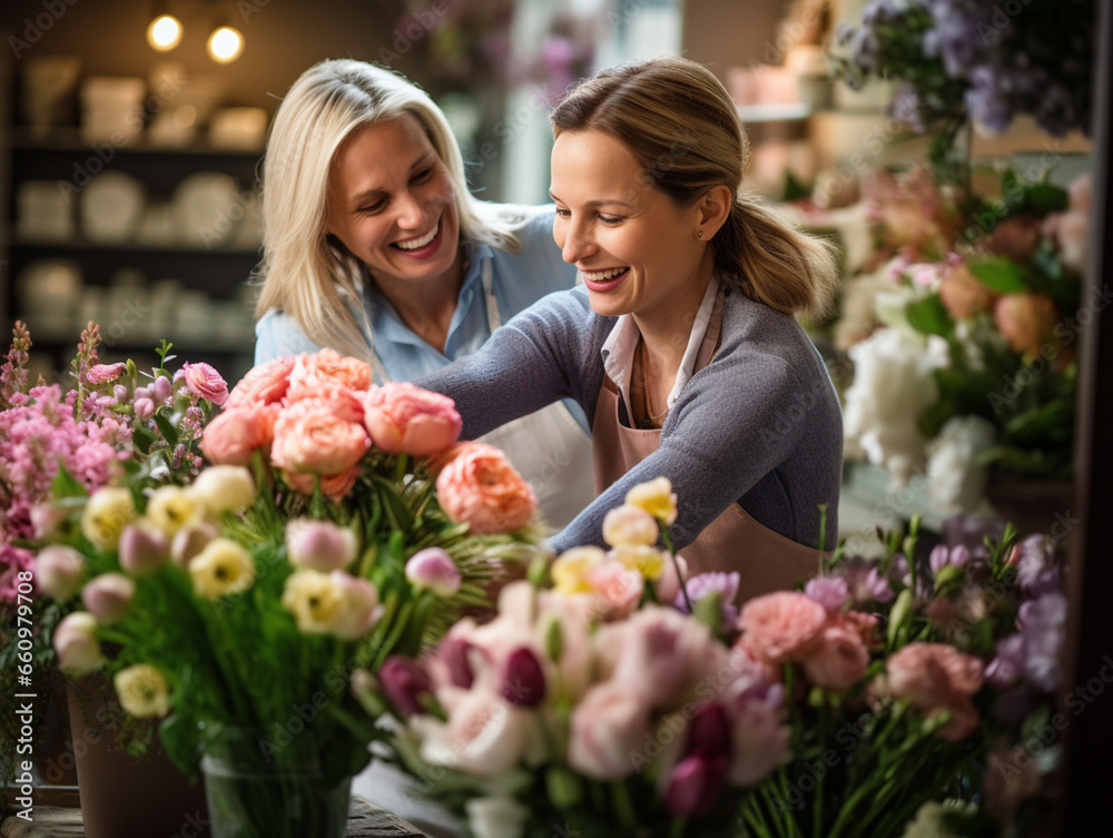 Radiant Florist Crafting a Beautiful Bouquet as a Customer Watches with Delight, Capturing the Essence of Nature's Beauty and Personal Connection