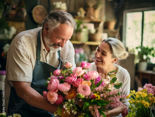 Radiant Florist Crafting a Beautiful Bouquet as a Customer Watches with Delight  Capturing the Essence of Nature s Beauty and Personal Connection