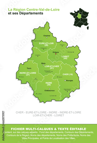 Carte de la région Centre-Val-de-Loire, ses départements et ses villes