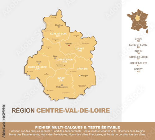 Carte de la région Centre-Val-de-Loire, ses départements et ses villes