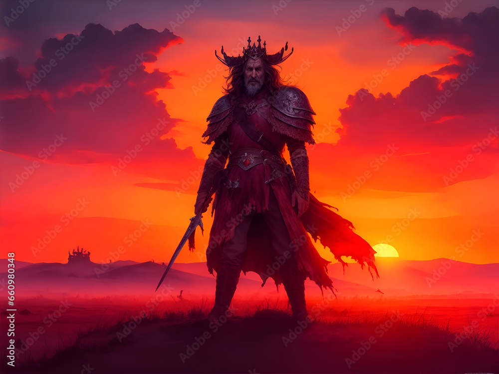 old King in full armor, holding a sword, on the battlefield, vibrant sunset, bloody, establishing shot, dramatic and heroic